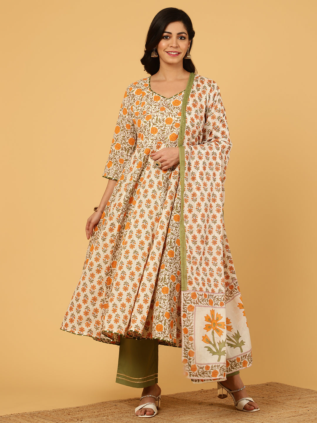 Mughal Motif Cotton Anarkali Kurta With Palazzo And Printed Dupatta
