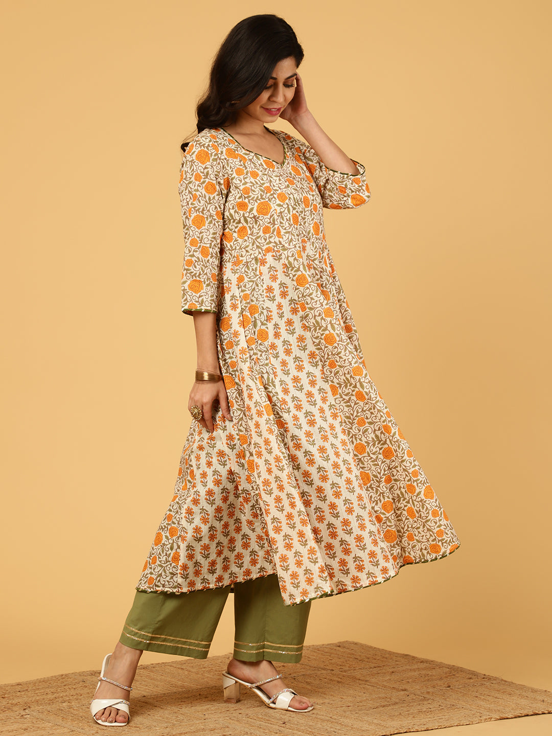 Mughal Motif Cotton Anarkali Kurta With Palazzo And Printed Dupatta