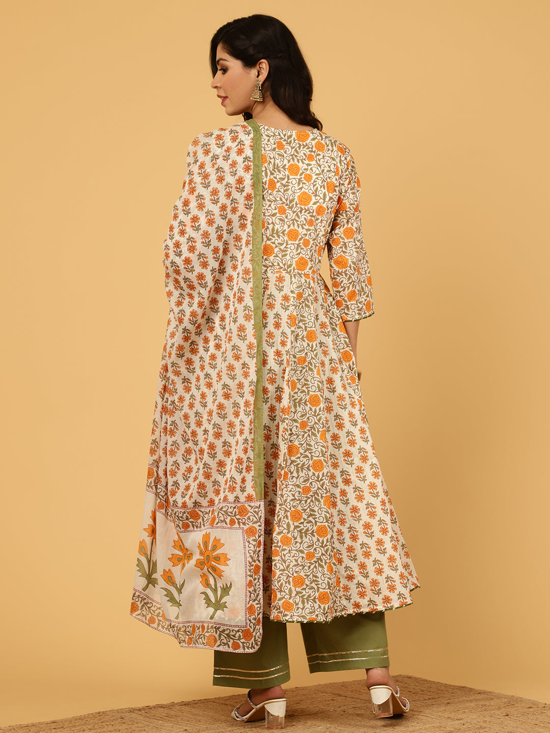 Mughal Motif Cotton Anarkali Kurta With Palazzo And Printed Dupatta