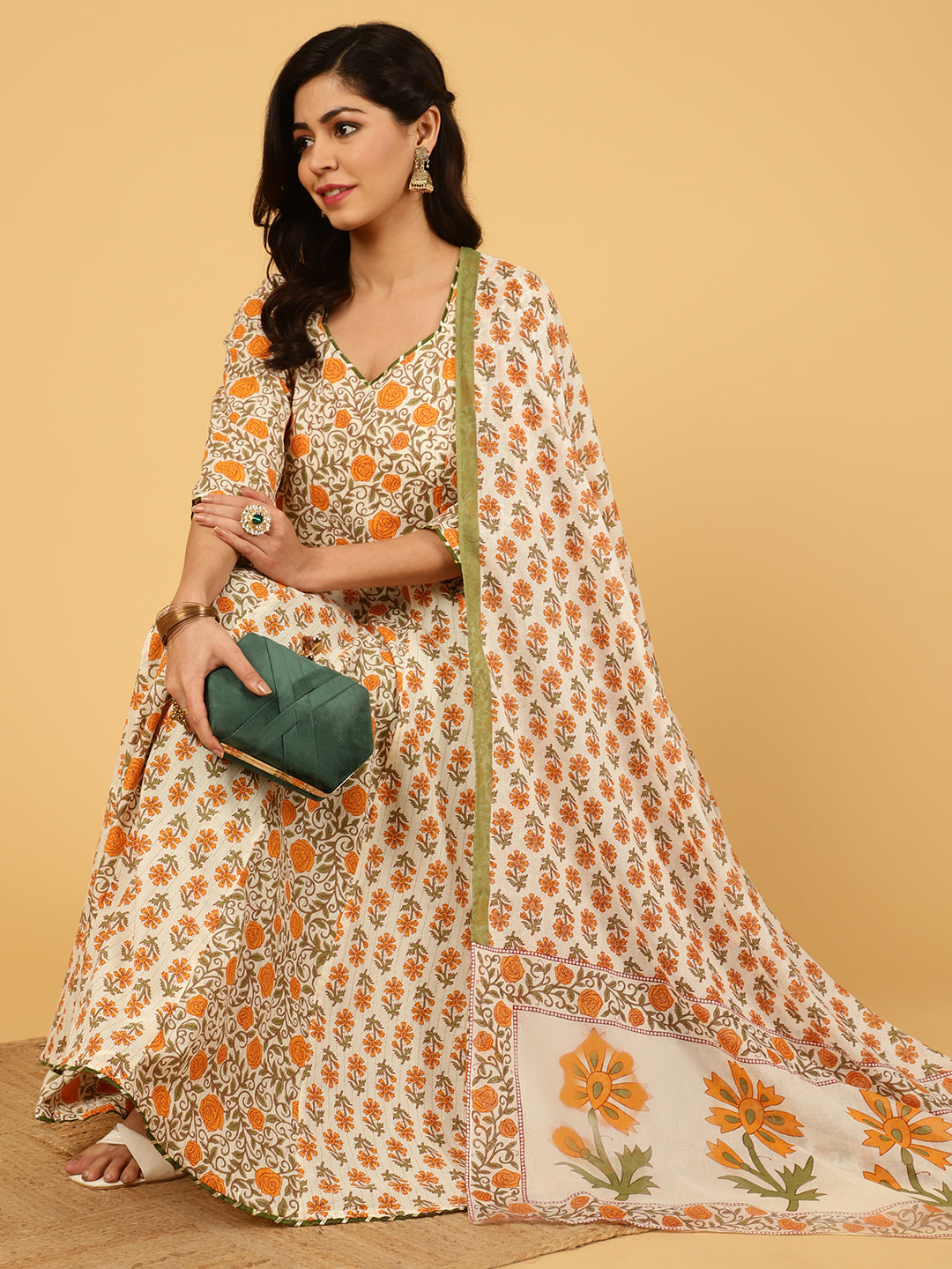 Mughal Motif Cotton Anarkali Kurta With Palazzo And Printed Dupatta