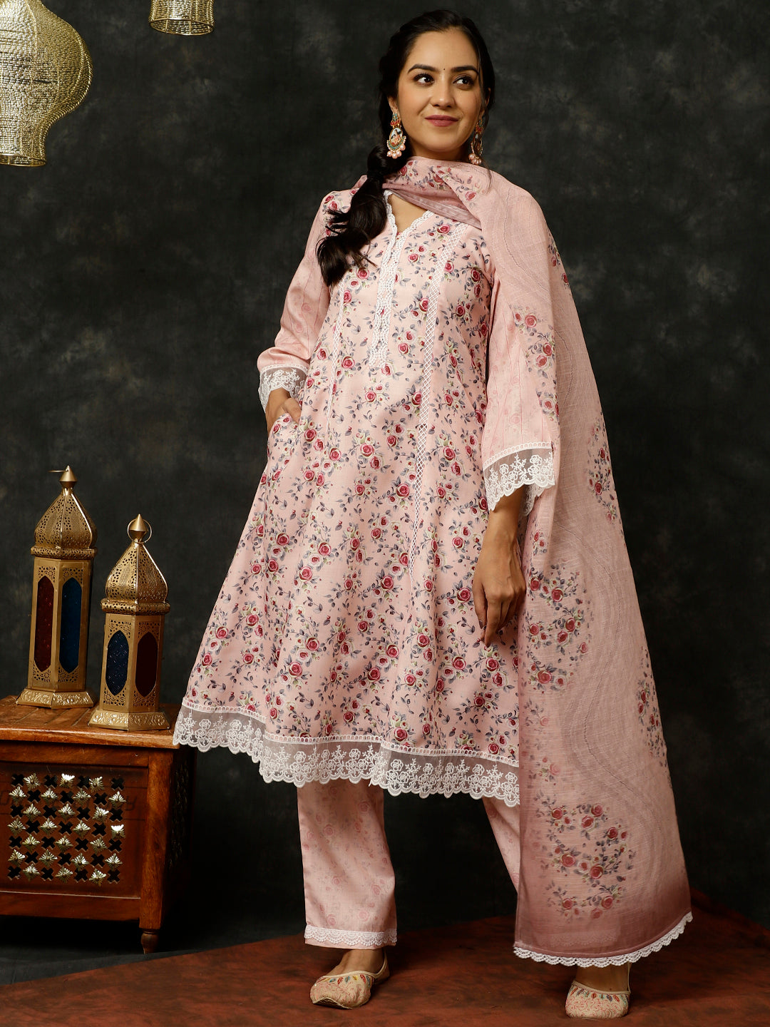 PINK ROSE PRINTED PAKISTANI KURTA WITH PALAZZO AND DUPATTA