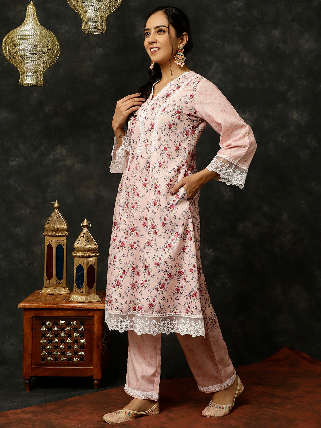 PINK ROSE PRINTED PAKISTANI KURTA WITH PALAZZO AND DUPATTA