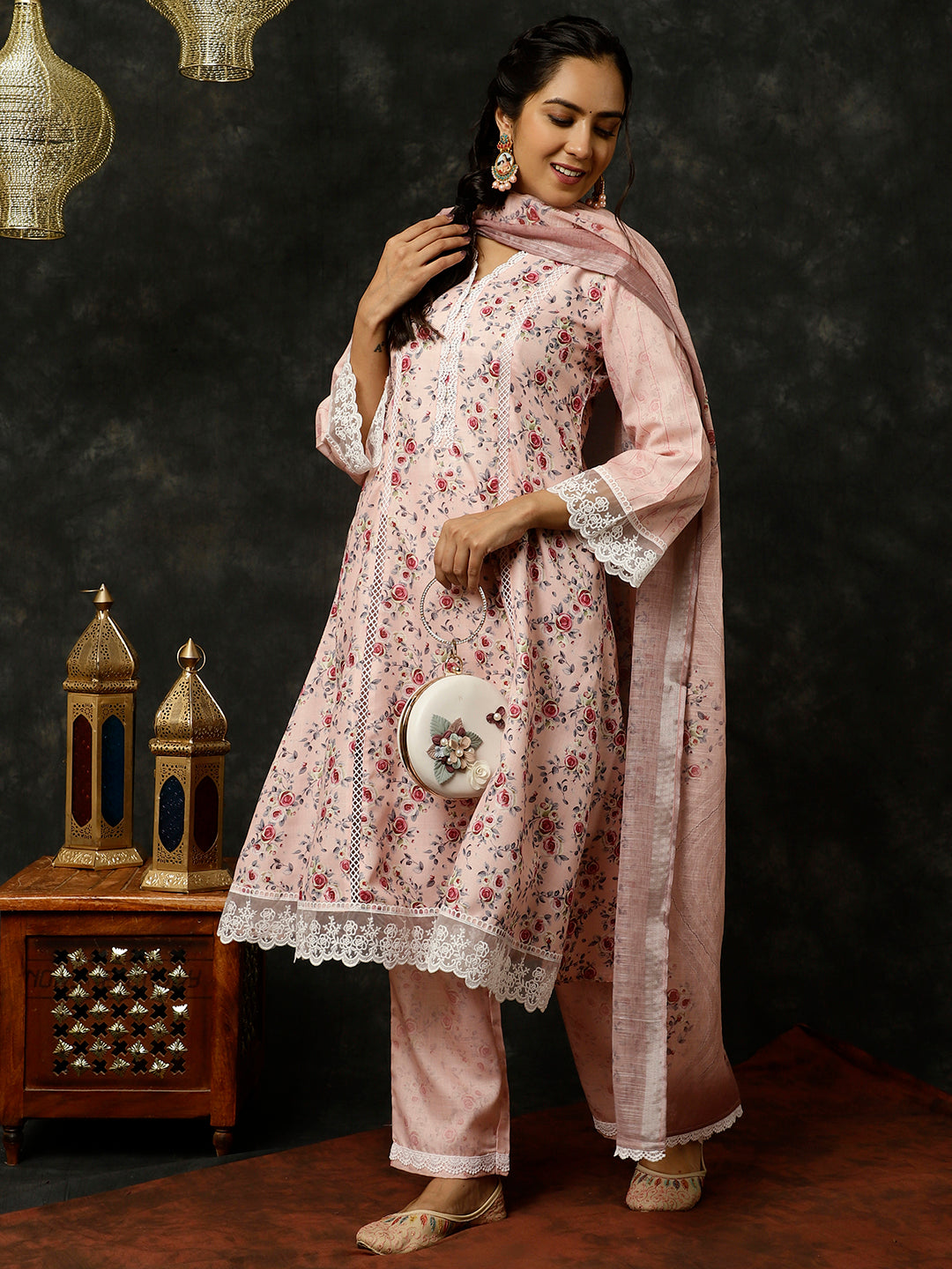 PINK ROSE PRINTED PAKISTANI KURTA WITH PALAZZO AND DUPATTA