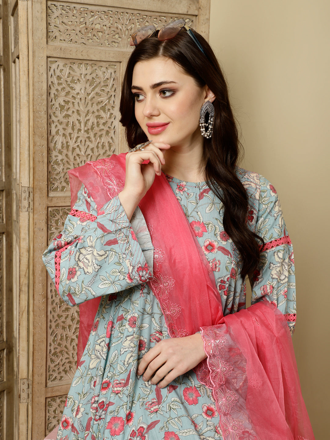 Blue Floral Printed Pakistani Kurta With Salwar And Dupatta