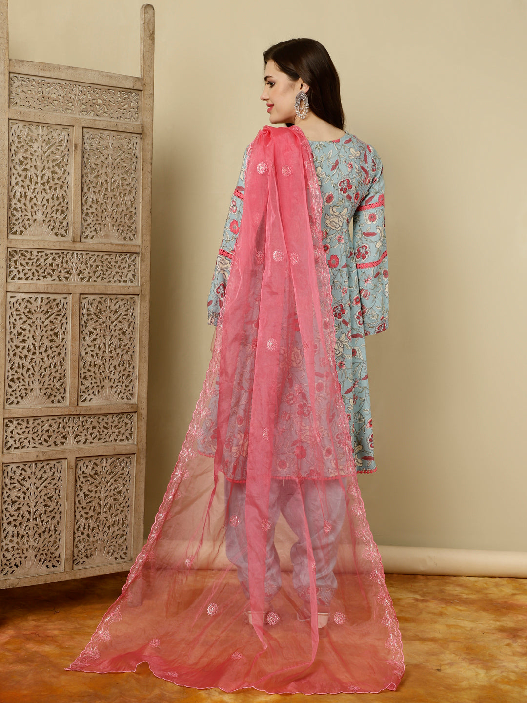 Blue Floral Printed Pakistani Kurta With Salwar And Dupatta