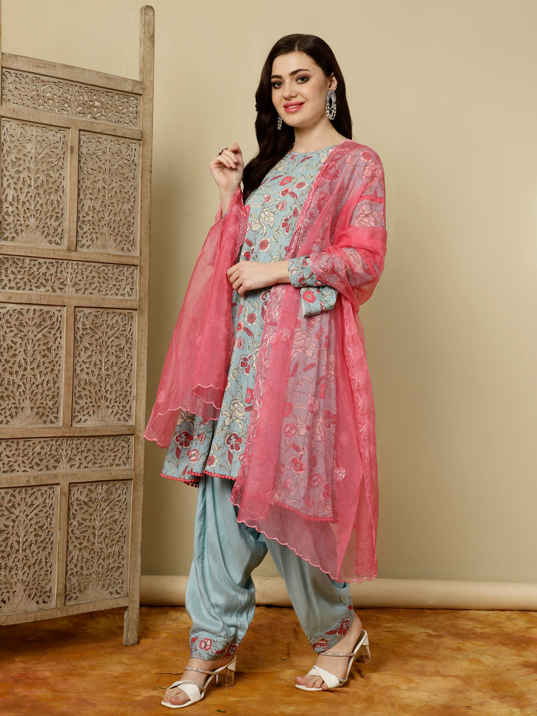 Blue Floral Printed Pakistani Kurta With Salwar And Dupatta