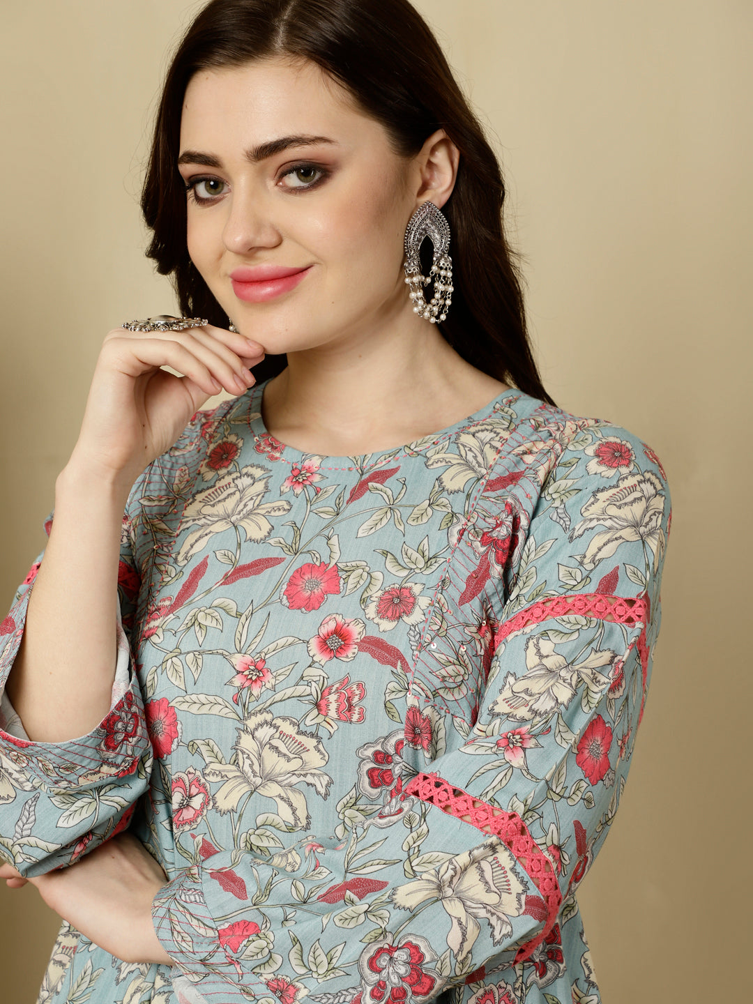 Blue Floral Printed Pakistani Kurta With Salwar And Dupatta