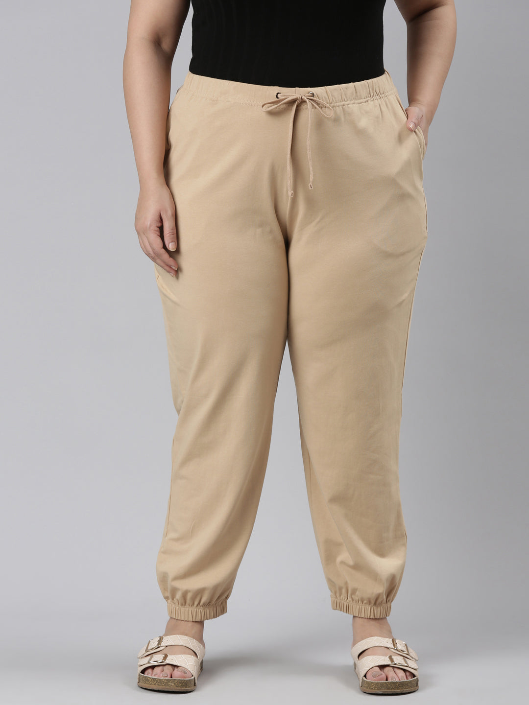 Beige Cotton Stretch Casual Joggers