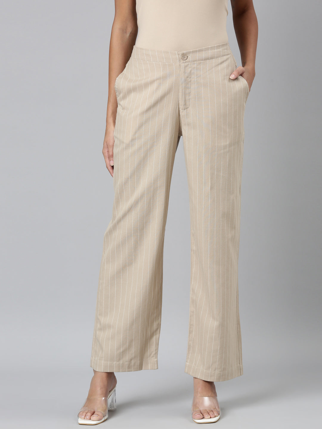 Beige Cotton Stripes Cargo Pant