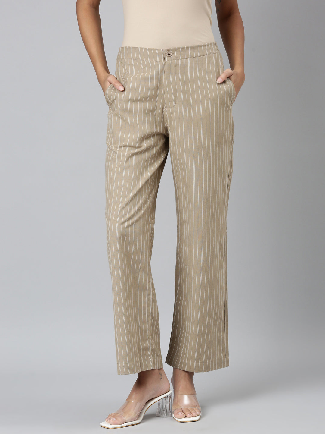 Beige Cotton Stripes Cargo Pant