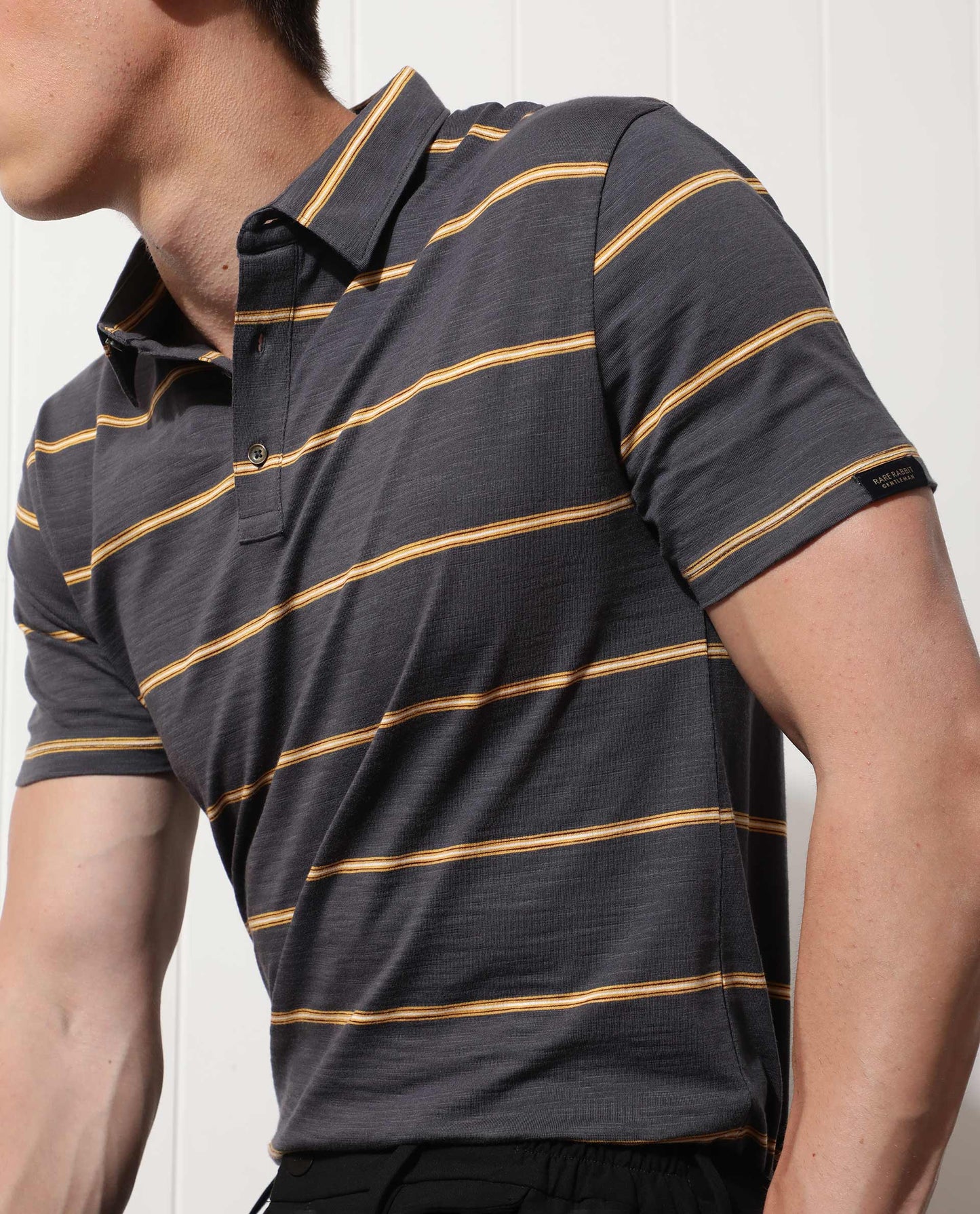 RARE RABBIT MEN'S NEONS GREY COTTON FABRIC COLLARED NECK HALF SLEEVES POLO T-SHIRT