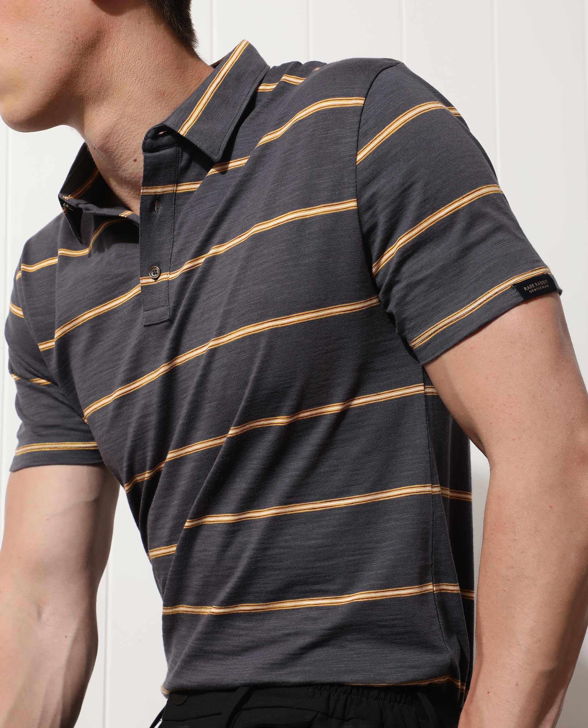 RARE RABBIT MEN'S NEONS GREY COTTON FABRIC COLLARED NECK HALF SLEEVES POLO T-SHIRT