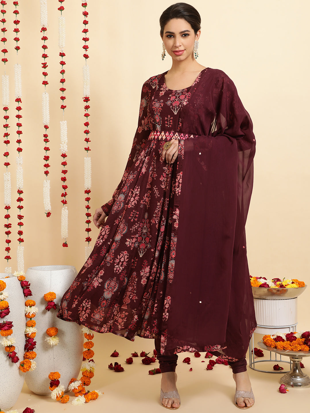 Wine Ethnic Printed Zardozi Anarkali With Churidar And Dupatta