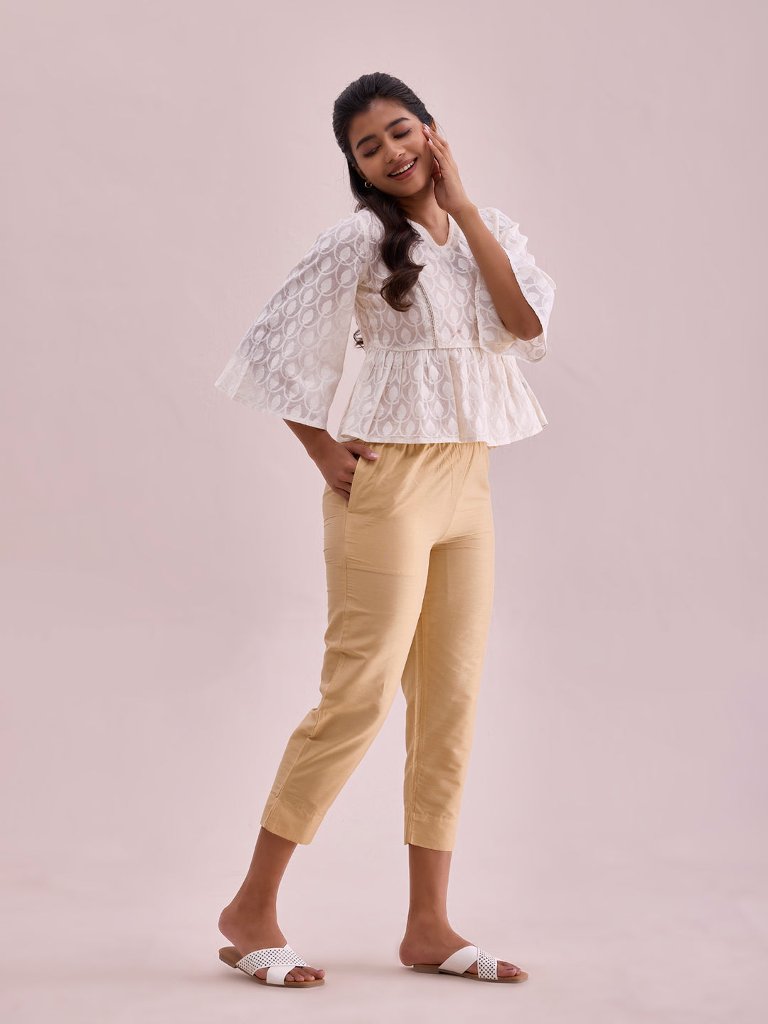 Light Gold Poly Modal Cropped Metallic Pants