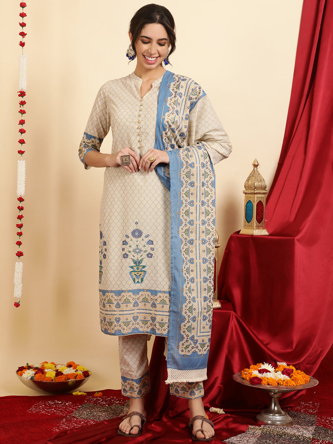 Blue Ethnic Motif Printed Cotton Straight Kurta With Pants And Dupatta