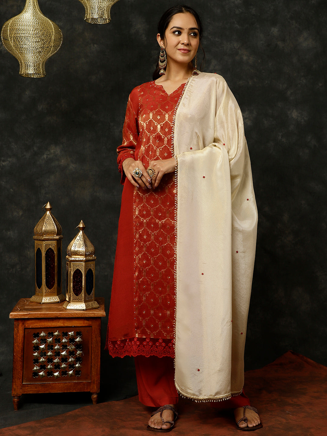 Maroon Bead Work Silk Straight Kurta With Pants And Dupatta