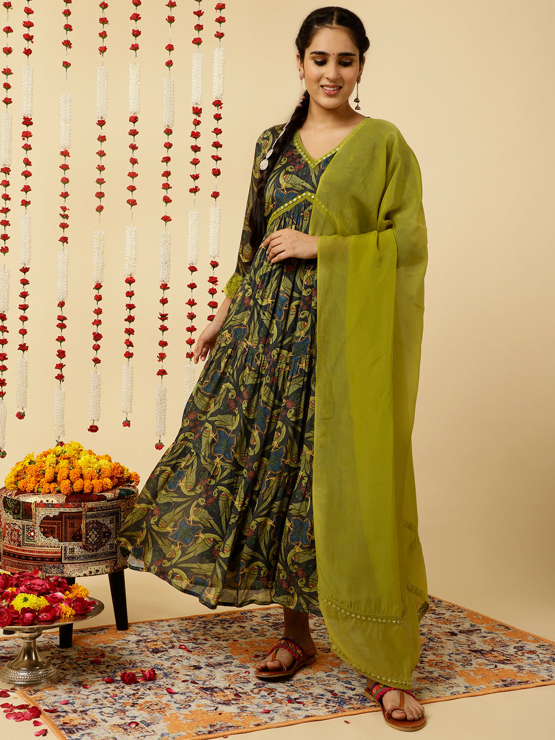 Green Animal Print Flared Kurta With Dupatta