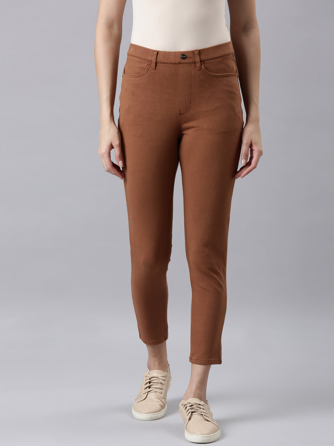 Light Brown Cotton Poly Stretch Cropped Colored Jeggings