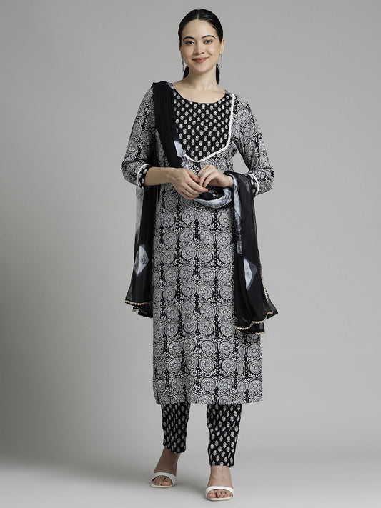 Ethnic Printed Black Kurta Set With Tie-Dye Dupatta
