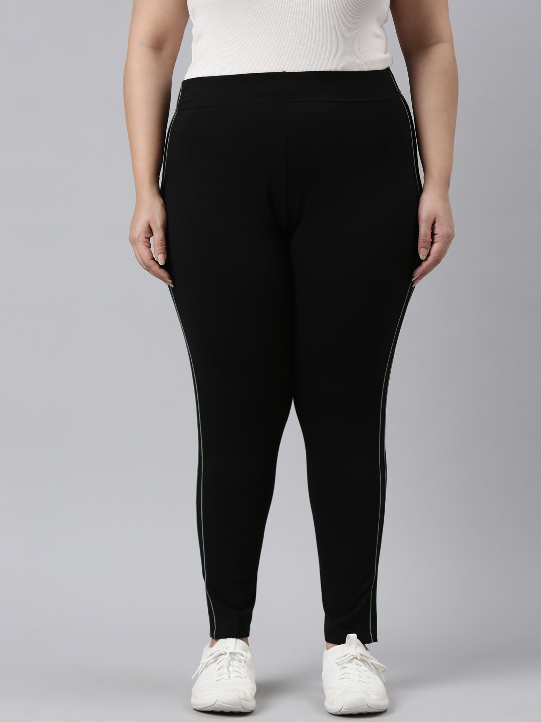 Black Cotton Stretch Side Stripes Active Leggings
