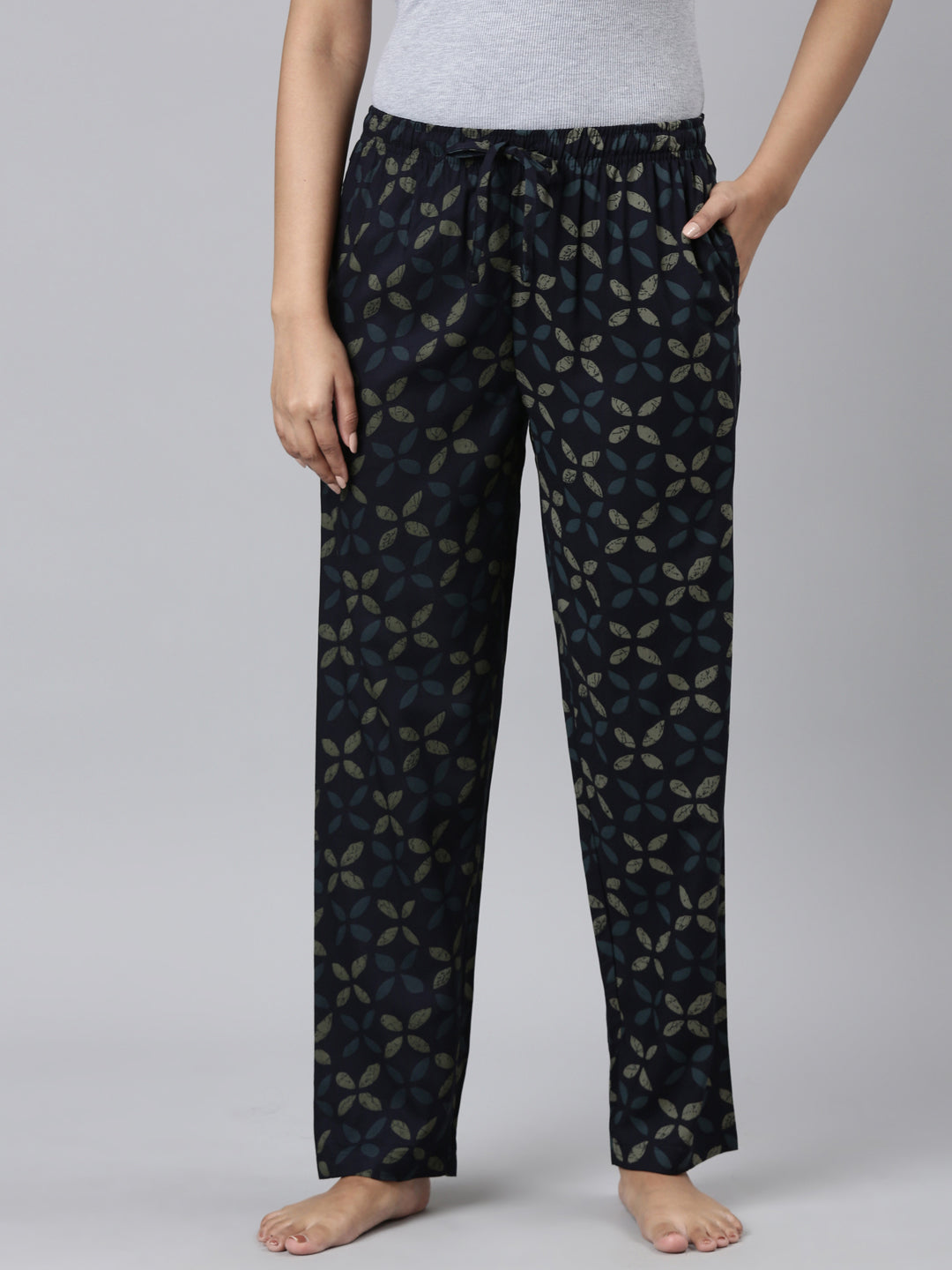 Navy Woven Viscose Printed Lounge Pants