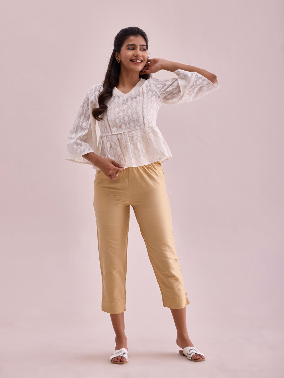 Light Gold Poly Modal Cropped Metallic Pants
