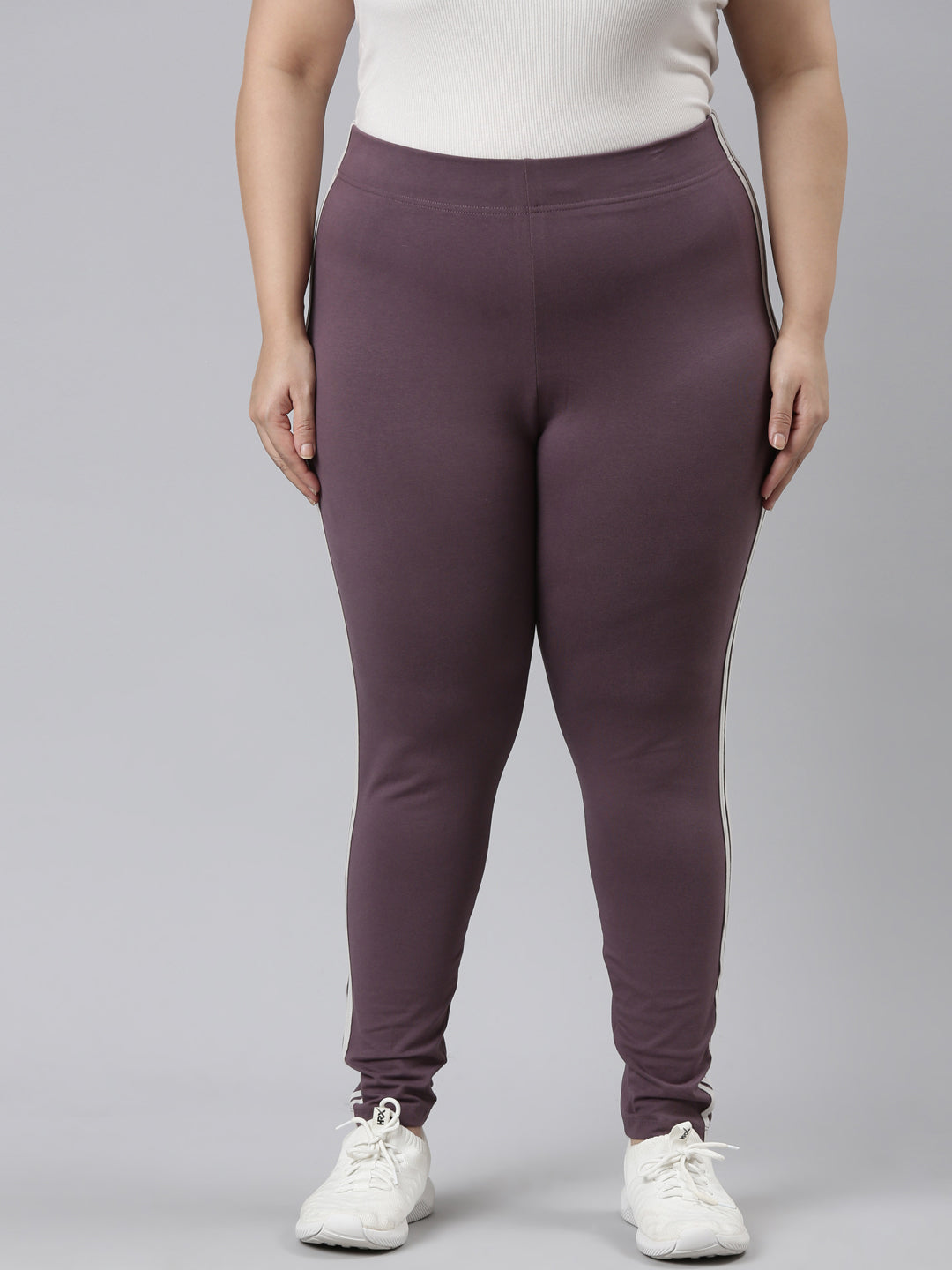 Purple Cotton Stretch Side Stripes Active Leggings