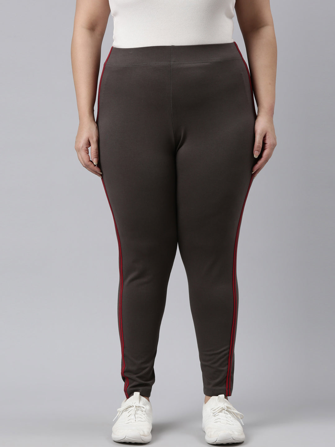 Silver Grey Cotton Stretch Side Stripes Active Leggings