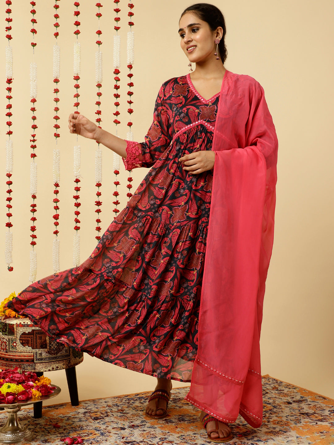 Fuchsia Animal Print Flared Kurta With Dupatta