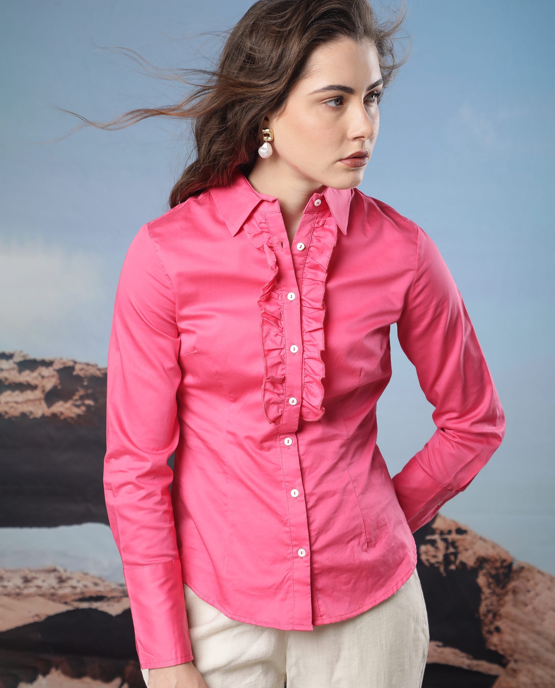 Rareism Women Aubrey Light Pink Cotton Fabric Regular Fit Shirt Collar Full Sleeves Solid Top