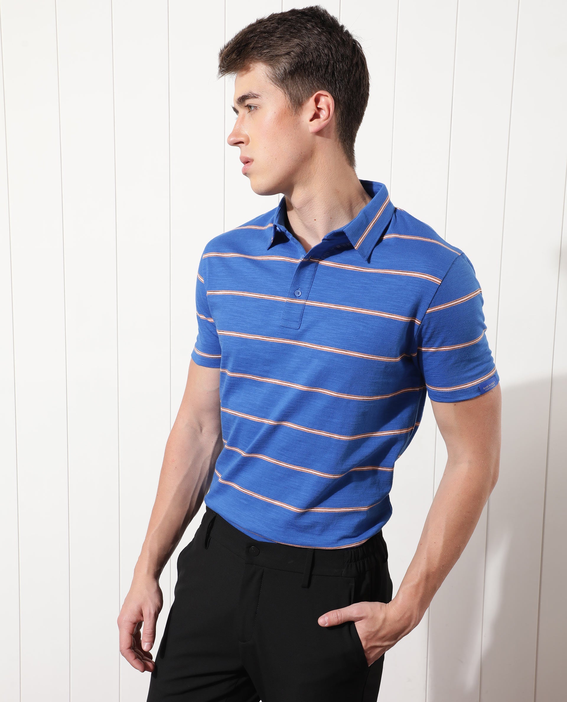 RARE RABBIT MEN'S NEONS BLUE POLO COTTON FABRIC COLLARED NECK HALF SLEEVES