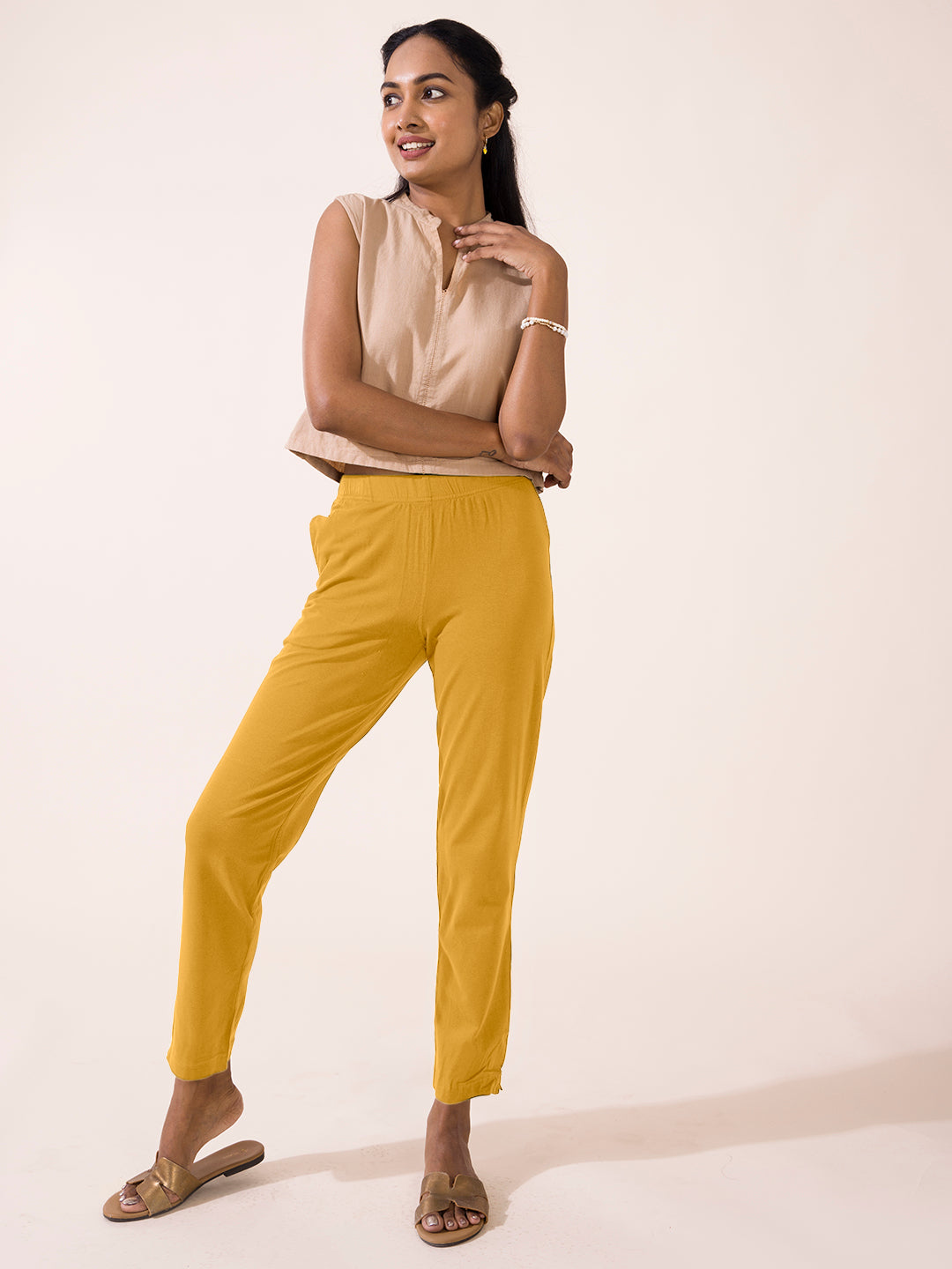 Light Mustard Cotton Stretch Kurti Pants