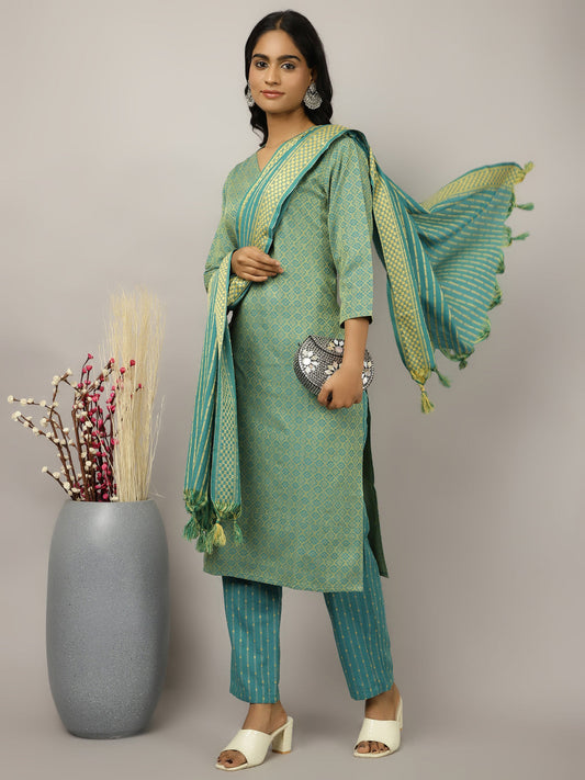 Sea Green Self-Design Festive Suit Set