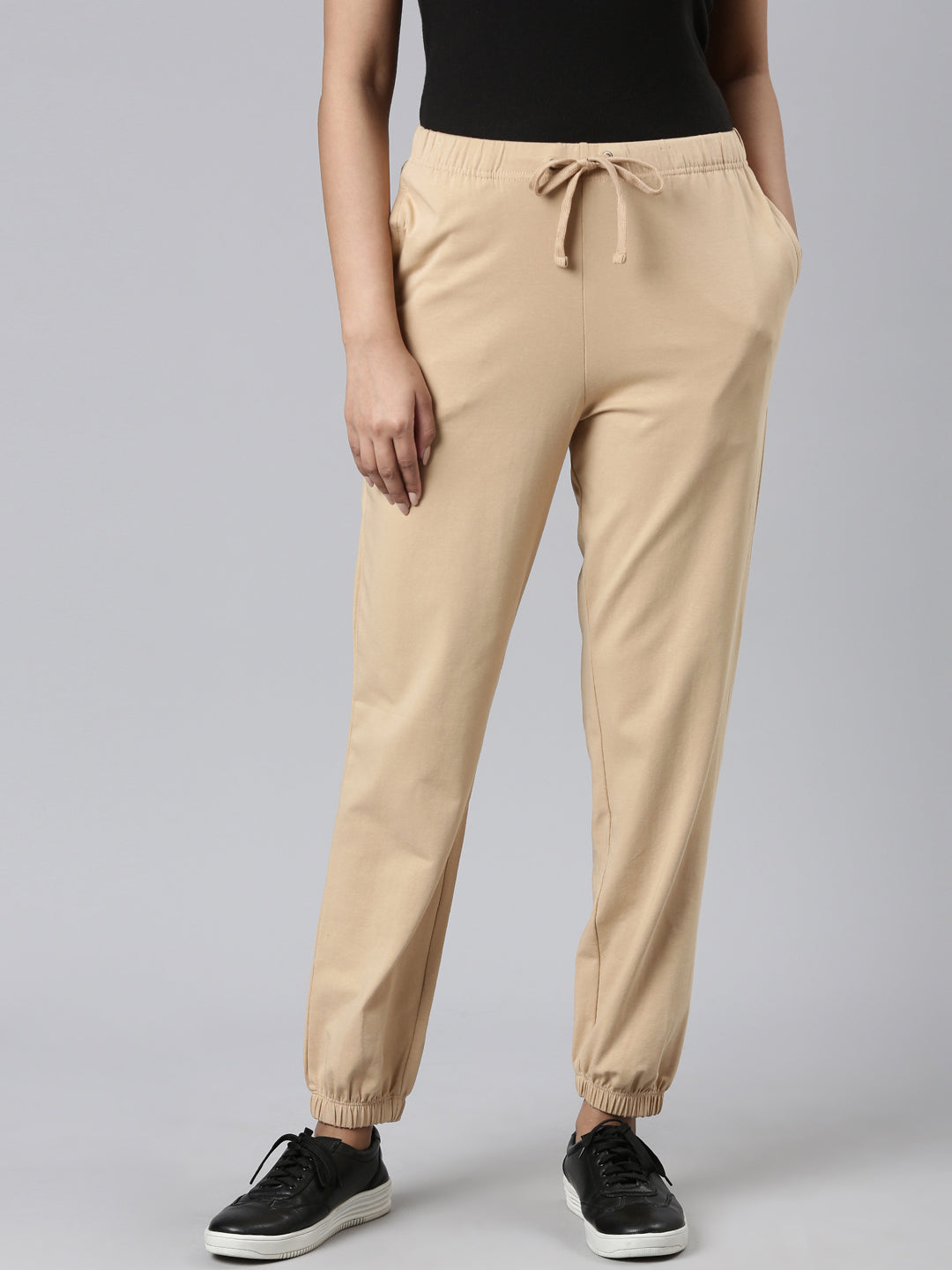 Beige Cotton Stretch Casual Joggers