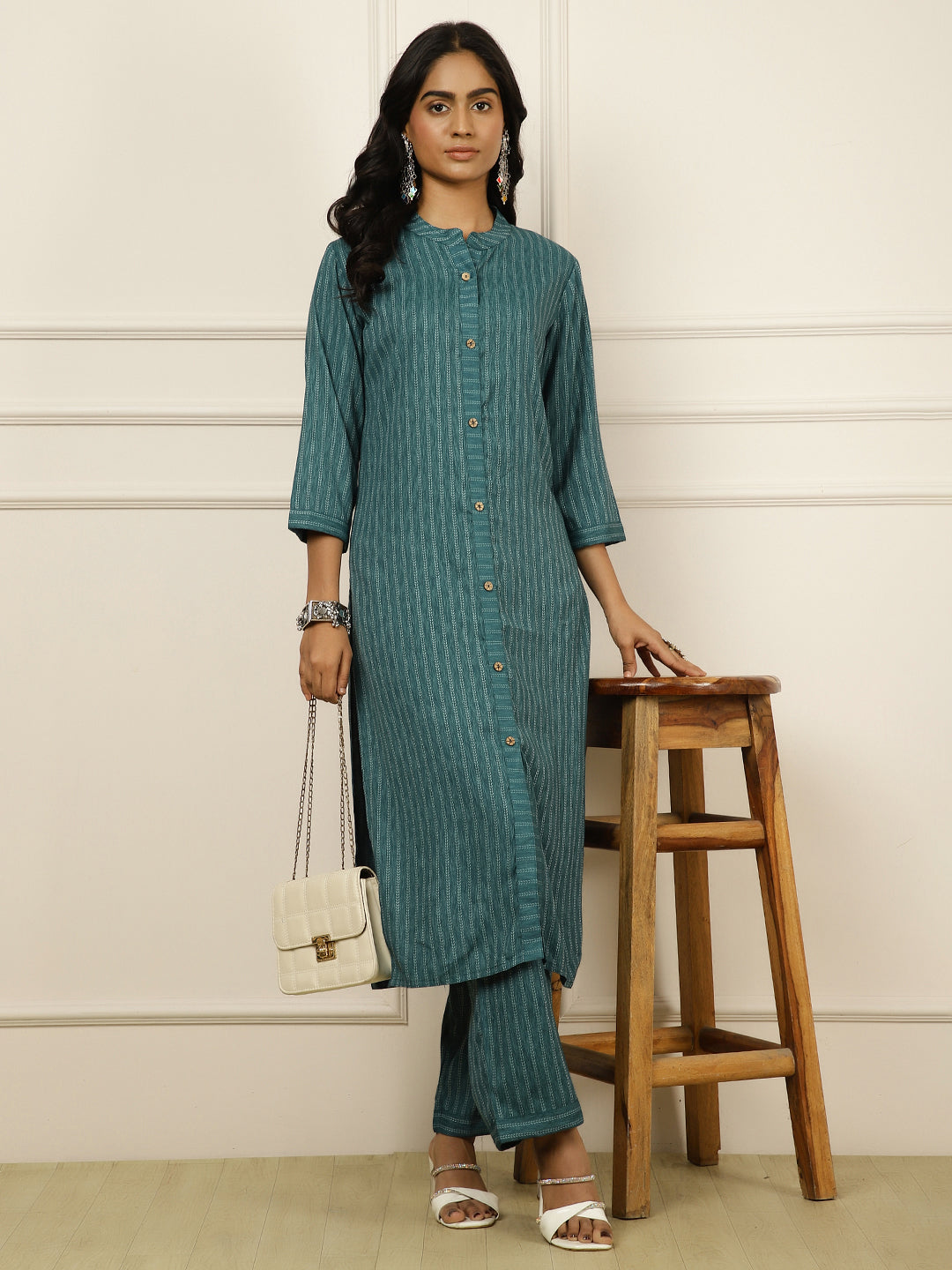 Teal Self-Design Straight Kurta With Palazzo
