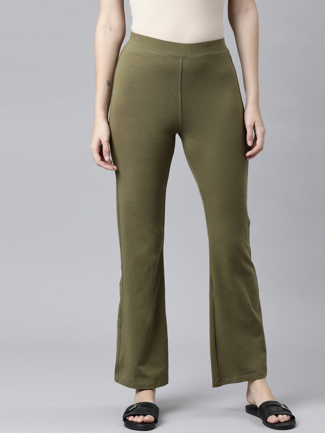 Olive Green Cotton Stretch Flared Pant