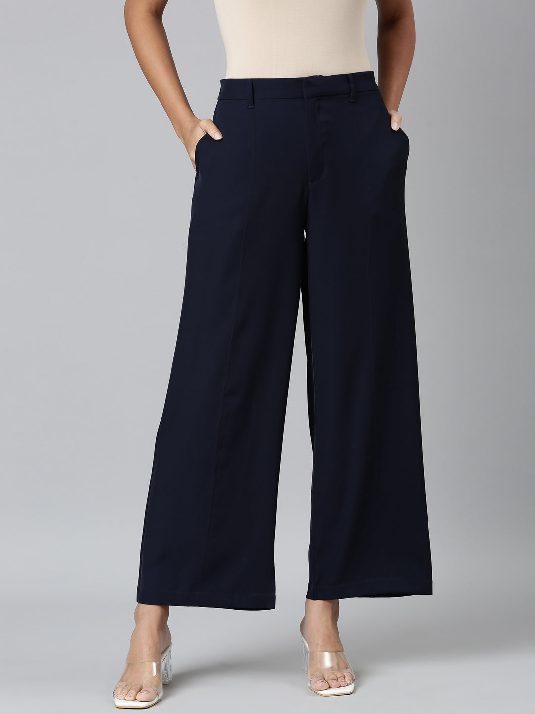 Navy Crepe Wide Trouser