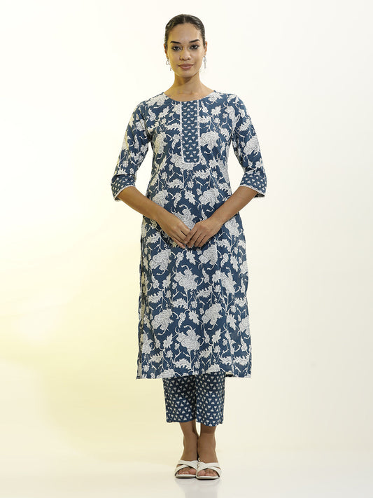 Navy Blue Floral Printed Cotton Blend Kurta Set