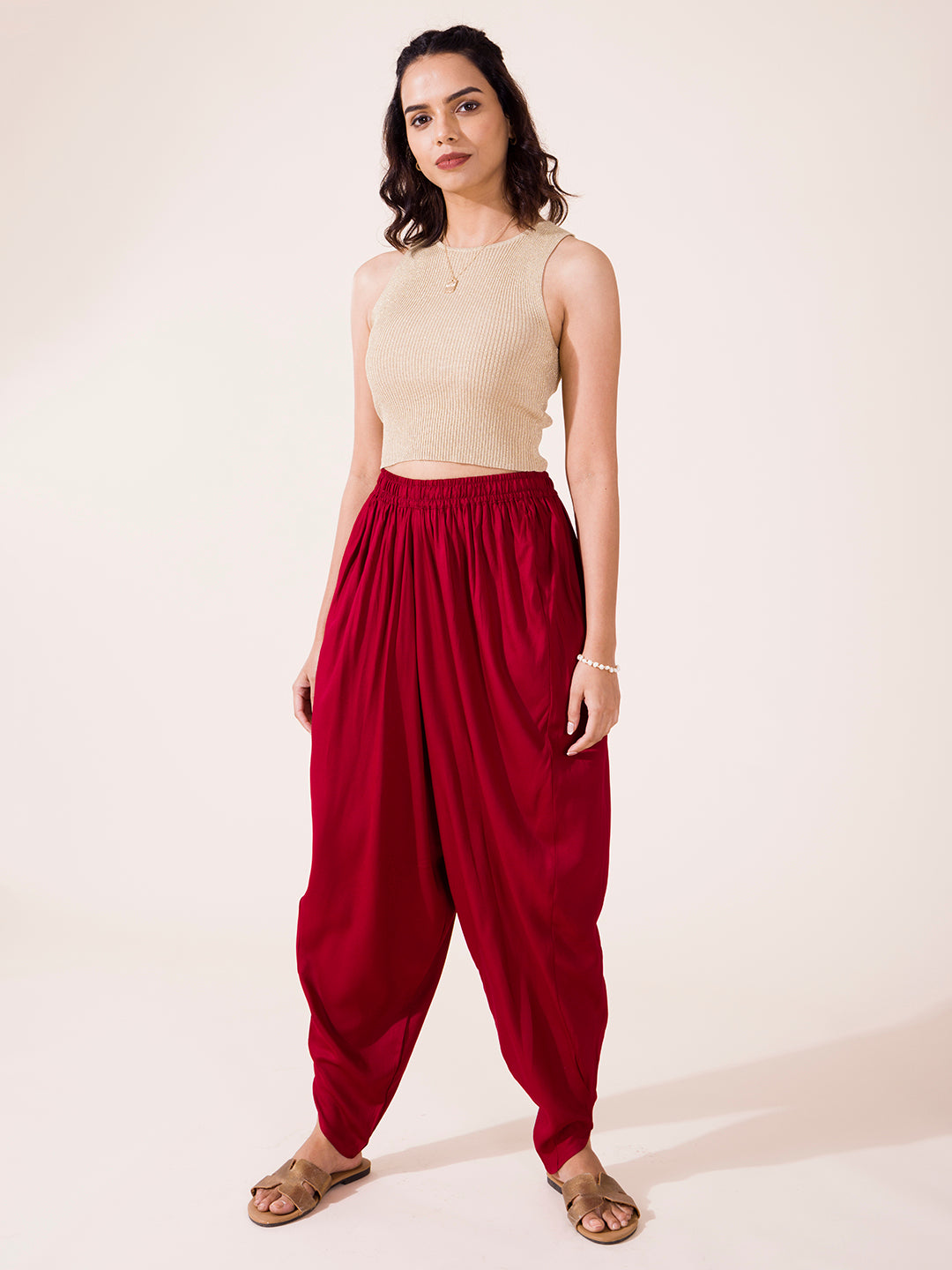 Maroon Woven Viscose Harem Dhoti Pant