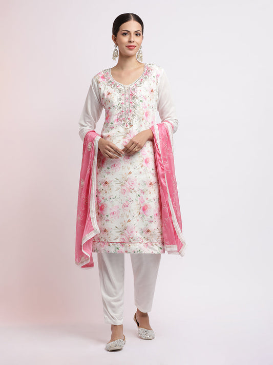 Embroidered Cotton Blend Kurta Set With Dupatta