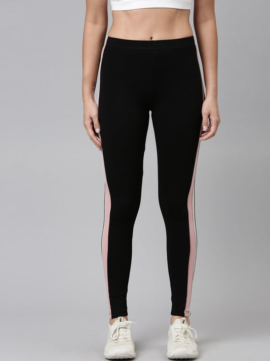 Black Cotton Stretch Side Stripes Active Leggings