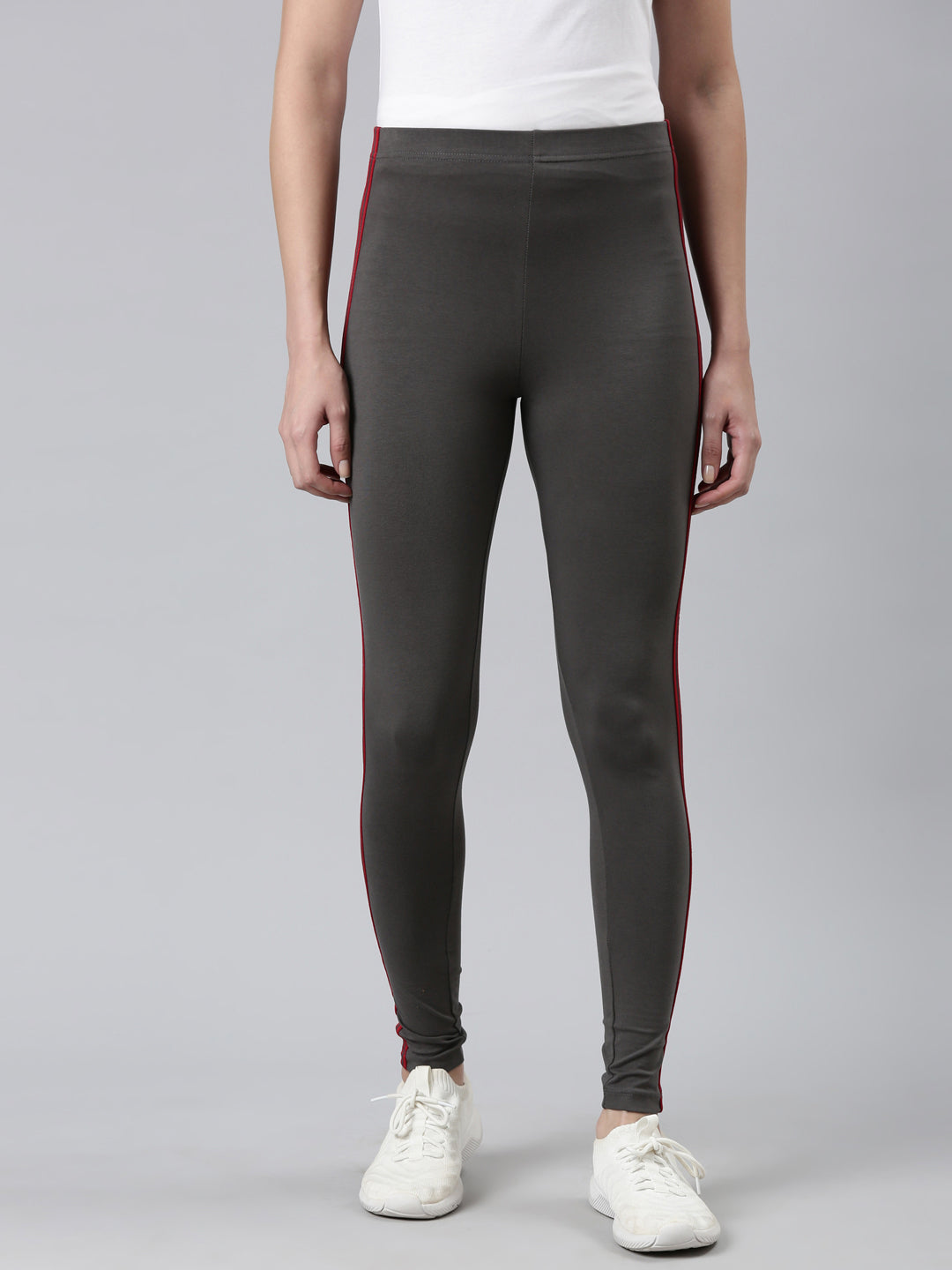 Silver Grey Cotton Stretch Side Stripes Active Leggings