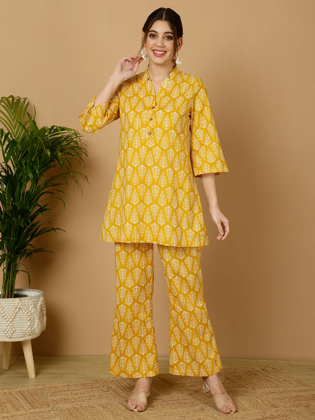 Yellow Ethnic Printed Kurta With Palazzo Loungewear