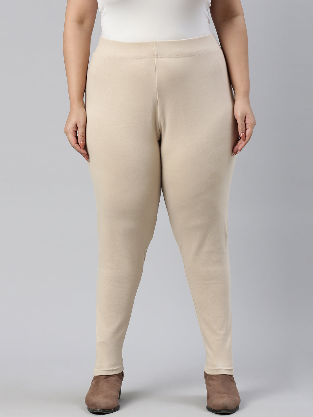 Light Beige Cotton Stretch Ribbed warm Leggings