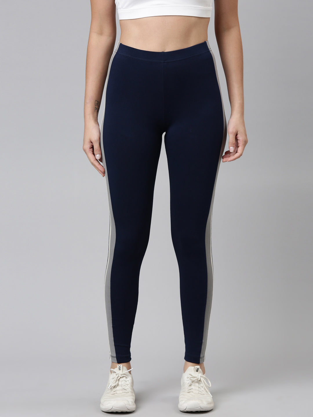 Navy Cotton Stretch Side Stripes Active Leggings