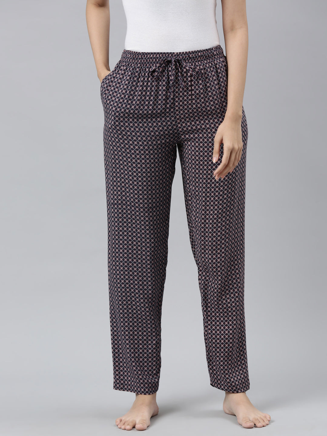 Navy Woven Viscose Printed Lounge Pants