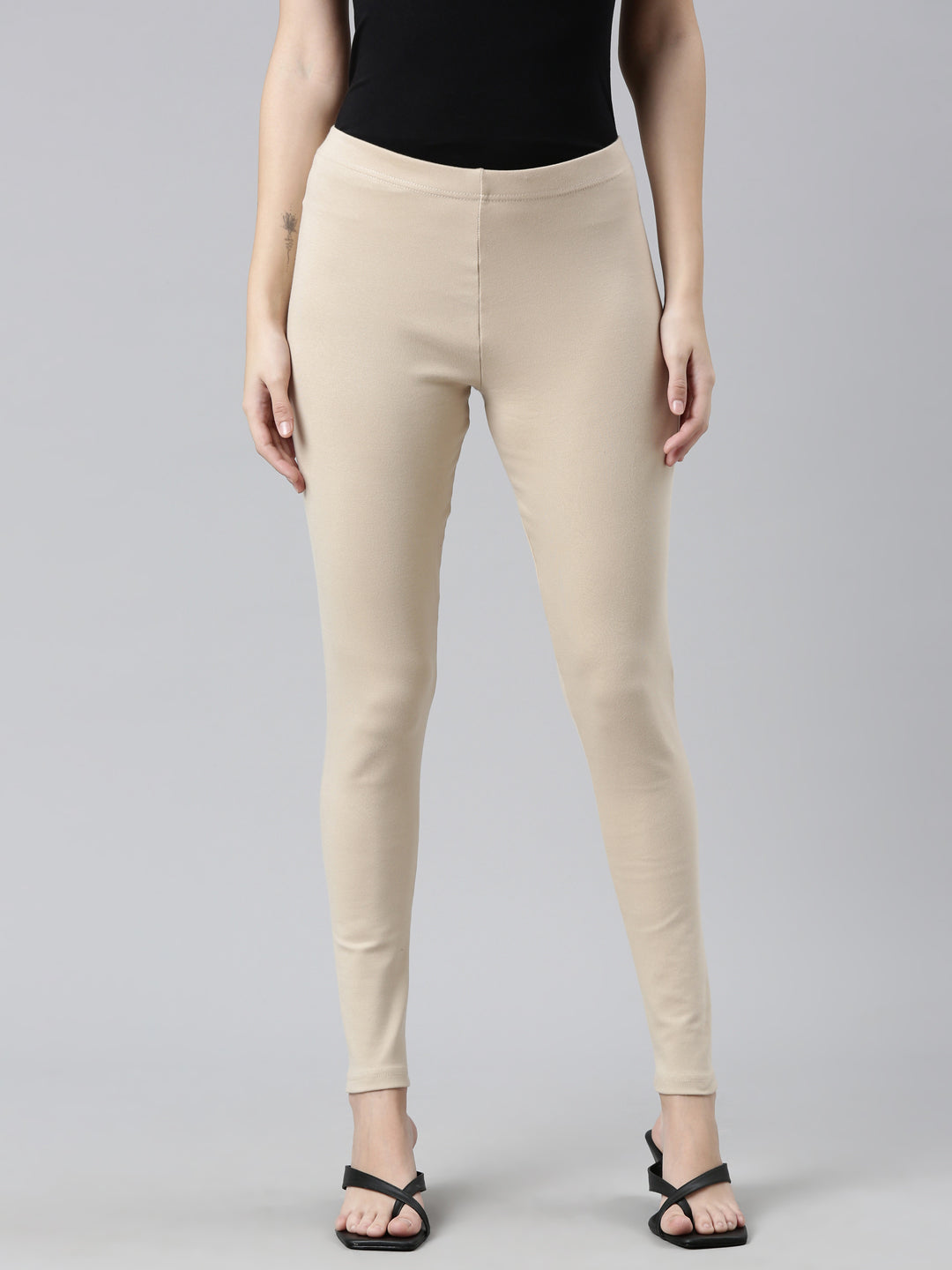 Light Beige Cotton Stretch Ribbed warm Leggings