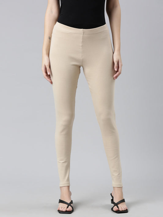 Light Beige Cotton Stretch Ribbed warm Leggings