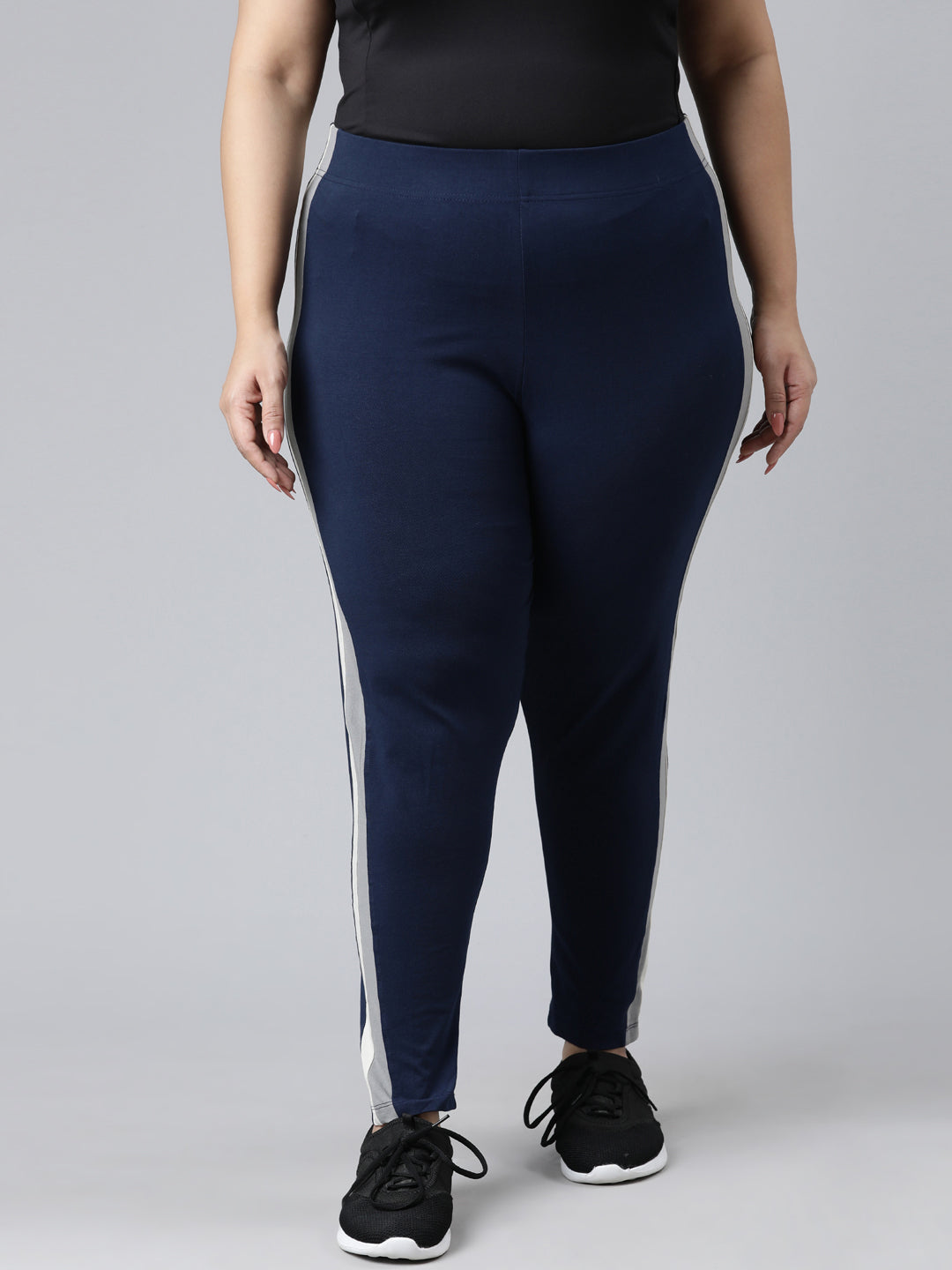 Navy Cotton Stretch Side Stripes Active Leggings