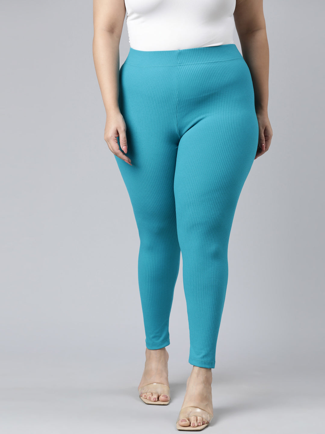 Peacock Blue Drop Needle Fabric Rib Leggings